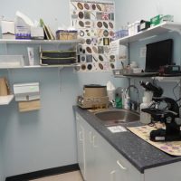 microscope and medical poster in lab room