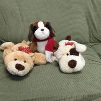 Stuffed toys (bear and puppy) on green coach